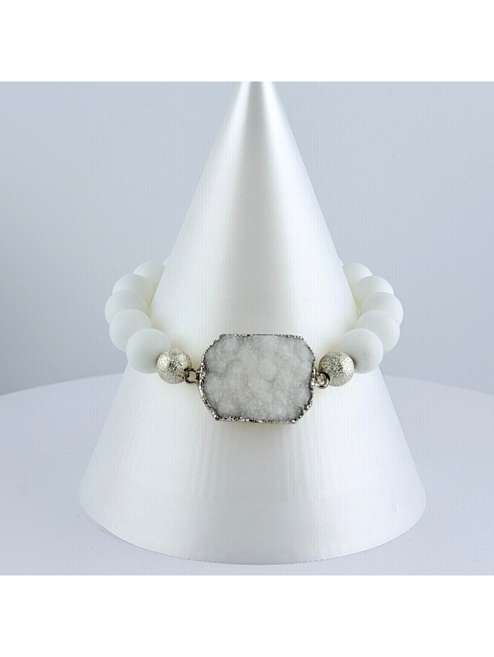Bomb Party Individual Stacks Stretchy Beaded Bracelet - Silver w/ White Druzy